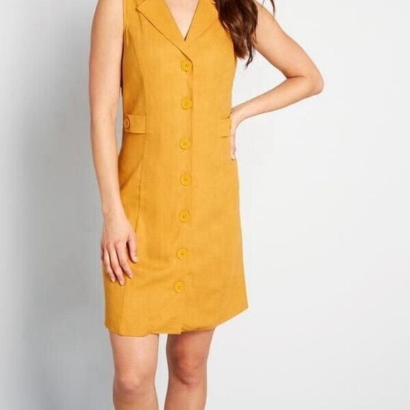 Modcloth Dresses & Skirts - Modcloth Sleeveless Button-Down Shirt Dress Yellow Linen Blend Women's Size 16